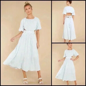 HYFVE Bridgerton Tenley Cutout Raglan Puff Sleeve Baby Blue Midi Dress Size S